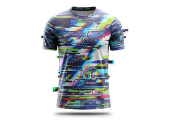 A short-sleeved t-shirt displaying an abstract digital glitch pattern with vibrant geometric forms isolated on a clean white background