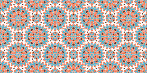 Seamless pattern with traditional Indian floral ornament for fabric swatch or wrapping paper. Vector abstract kaleidoscopic background