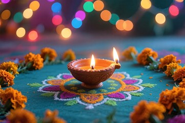 Diwali celebration with diya, rangoli, and festive lights.