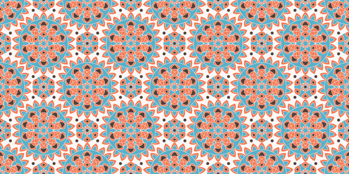 Seamless pattern with traditional Indian floral ornament for fabric swatch or wrapping paper. Vector abstract kaleidoscopic background