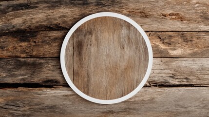 A round wooden coaster on a rustic wooden surface. The coaster has a white border and a natural wood texture in the center. mockup