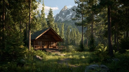 Tranquil Cabin Amidst the Woods: A rustic cabin nestled amongst towering trees and majestic mountains, inviting the viewer to escape the everyday and immerse themselves in the serenity of nature. 