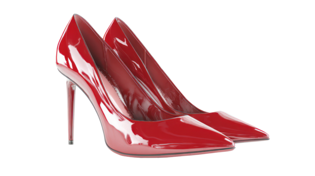 Pair of shiny red high heel stiletto shoes isolated on transparent background