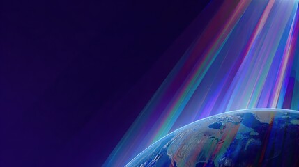 A vibrant depiction of Earth, encircled by a spectrum of radiant beams, set against a deep indigo backdrop.