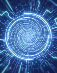 A futuristic spiral design with glowing lines and patterns, creating a sense of motion and energy, set against a dark background.