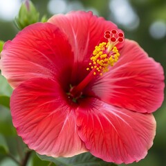 Vibrant Red Hibiscus Blossom in Full Bloom, Close-Up View.