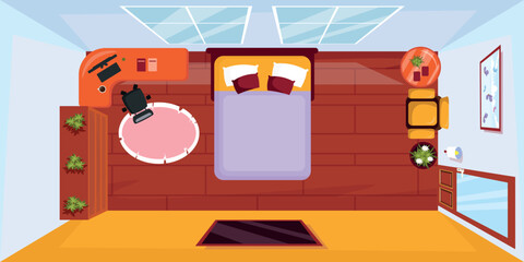 Vector illustration of a top view of a bedroom. Cartoon scene of a comfortable room with a bed, a desk with a computer, a keyboard, a carpet, an armchair, a coffee table, houseplants, a picture, a TV.
