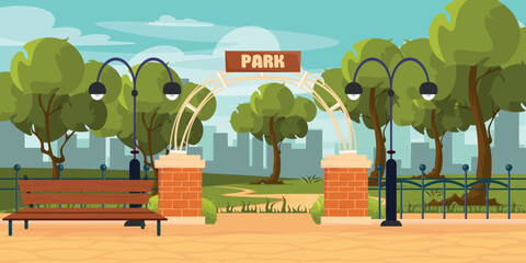 Vector illustration of a beautiful city landscape with an entrance to a park.Cartoon scenes arch with sign, inscription park, bench, lamp posts, trees, metal fence, grass, path, silhouettes of houses.