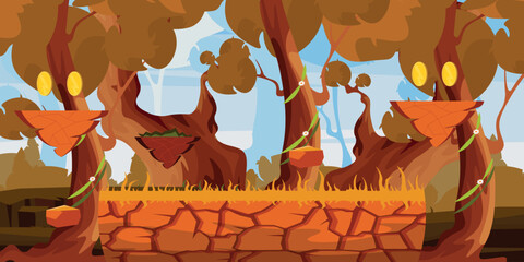 Vector illustration of autumn landscape for game. Cartoon scene of natural forest landscape with trees entwined with vines, flowers, separate areas of land with gold coins, grass, cracked ground.