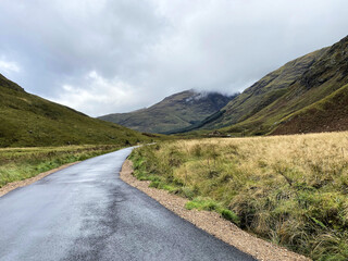 A view of the Scottish Highlands at Glencoe on a cloudy day