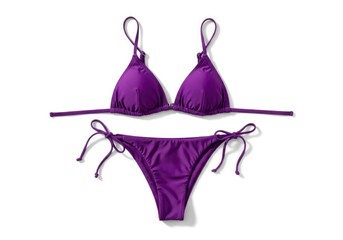 A solid purple two-piece swimsuit featuring a triangle top and tie-side bottoms rests on a white background with a shadow
