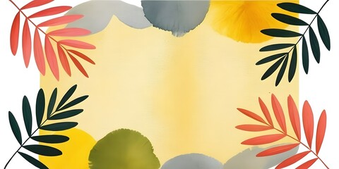 Fototapeta premium Abstract autumn leaves and shapes border on yellow background