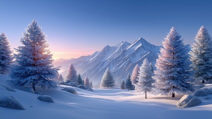 Pristine winter landscape with snow-laden pine trees and majestic mountains under a colorful sky