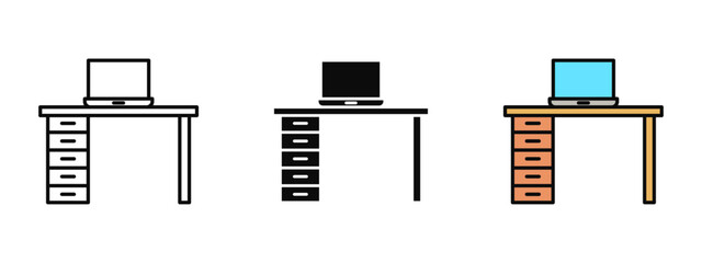 Laptop workspace icon designed in stroke, fill, and color variations, isolated on a white background. Ideal for business dashboards, remote work visuals, and productivity concept.