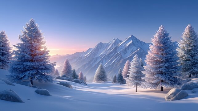 Pristine winter landscape with snow-laden pine trees and majestic mountains under a colorful sky
