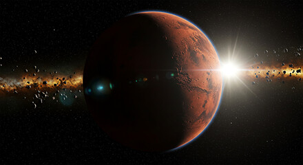 Mars from Space: A Stunning View of the Red Planet with the Milky Way Galaxy and a Radiant Sun in the Horizon