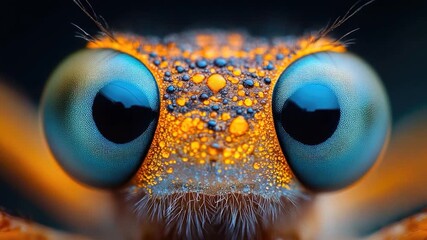 A detailed view of a bug's face with bright blue eyes