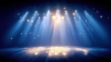 Dramatic Stage Lighting with Blue and Golden Beams and Sparkling Bokeh