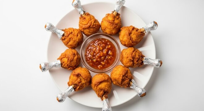 Crispy golden chicken lollipops arranged in a circle around a bowl of dipping sauce on a white plate
