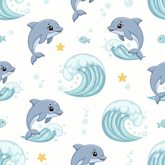 Fototapeta premium Seamless pattern of dolphins and waves, vector, white background