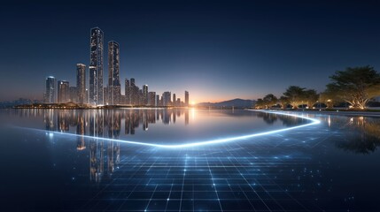 Fototapeta premium Futuristic Cityscape at Dusk with Digital Grid Reflection