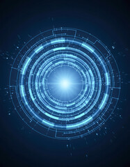 Fototapeta premium A futuristic, circular design featuring blue light and digital patterns against a dark background, suggesting technology and innovation.