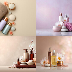 Elegant Spa Cosmetic Set with Towels and Blossoms  Soft Beauty and Skincare Concept