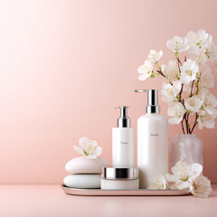 Elegant Spa Cosmetic Set with Towels and Blossoms  Soft Beauty and Skincare Concept