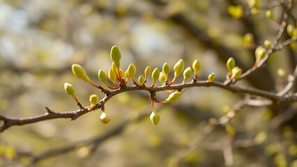 renewal. Withered tree branch sprouts new green buds in soft sunlight. gardening catalogs, home-decor guides, designed for home decor and floral branding, used by procurement managers.