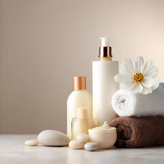 Elegant Spa Cosmetic Set with Towels and Blossoms  Soft Beauty and Skincare Concept
