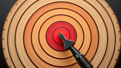dartboard. Black throwing knife embedded in the center of a red bullseye on a wooden dartboard. event key visuals, club posters, designed for sports event promotions and stadium branding.
