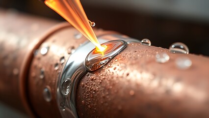 joint. Molten silver solder flowing on copper pipe joint, metallic texture close-up. safety posters, maintenance manuals, designed for precision metalworking and fabrication facilities.