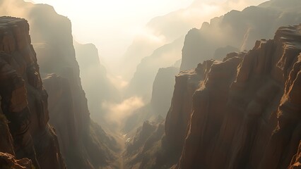 echoing. Sound waves echoing between canyon walls in a misty valley, wide landscape view. travel magazines, destination branding, designed for outdoor magazines and nature guides.