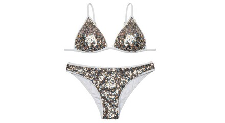 A sparkly two-piece bikini set featuring a triangle top and brief bottom adorned with numerous reflective sequins on a white background
