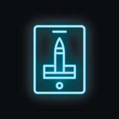 Neon sign is glowing in the dark, showing a smartphone with a rocket taking off from its launchpad