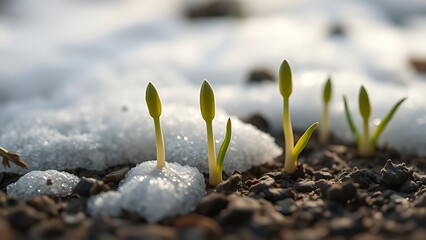 moisture. New sprouts emerging from melting snow in soft morning light. ESG reports, sustainability campaigns, designed for environmental awareness campaigns, used by performance marketers.