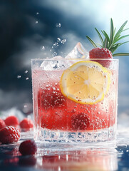 Refreshing raspberry and lemon drink served with ice and herbs