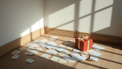 unread. An empty room corner with unopened letters and a gift box. wellbeing guides, coaching materials, designed for coaching and self-improvement content, used by retail merchandisers.