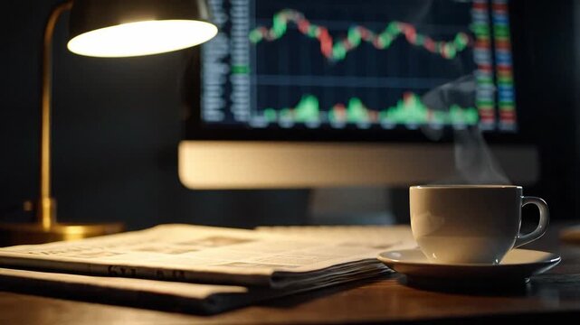 Morning trading desk with steaming coffee cup beside financial newspaper and glowing stock chart monitor for economic headline