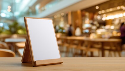Displaying Menu Frames In Shopping Mall: Booklet Stands, White Paper Sheets, And Acrylic Tent Card On Table Setting.