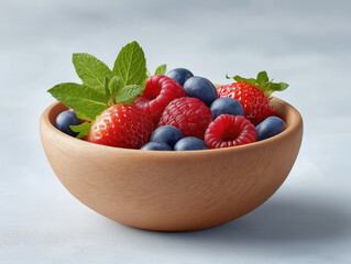 Fresh berries in a wooden bowl with mint leaves on a light background