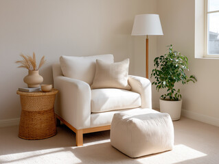 Cozy living room corner with modern chair, floor lamp, and indoor plant