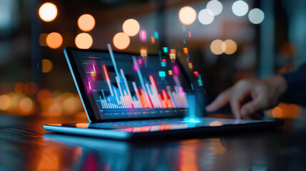 Data visualization analytics technology laptop charts graphs digital modern colorful glowing interactive business information statistics