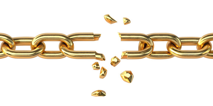 gold golden chain breaking isolated on white background, png, ai generated