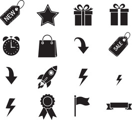 Fototapeta premium Adobe Illustrator Artwork Marketing and E-commerce Icon Set - New, Star, Gift, Sale, Bag, Rocket, Lightning, Badge, Flag, Banner