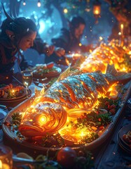 fantasy feast table with glowing Sanma fish served to elves, magical lighting