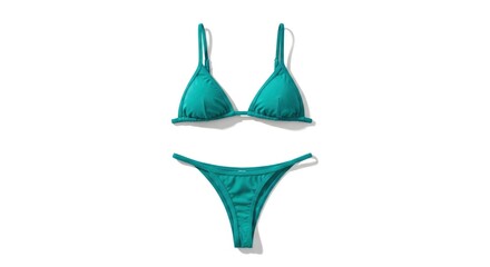 A teal two-piece swimsuit featuring a triangle top and a minimal coverage bottom is presented flat on a white background with subtle shadows