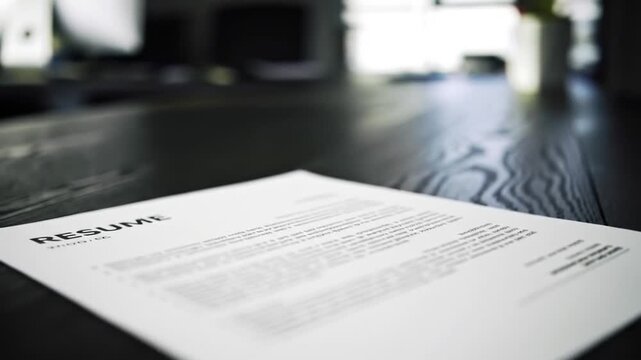 Professional Resume Document on a Dark Wooden Table.