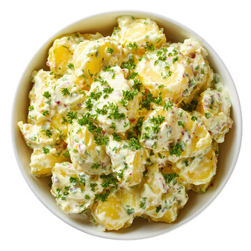 Fresh Creamy potato salad on white bowl top view isolated on transparent background