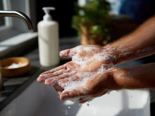 Washing hands with soap at a sink in a bright kitchen to maintain hygiene